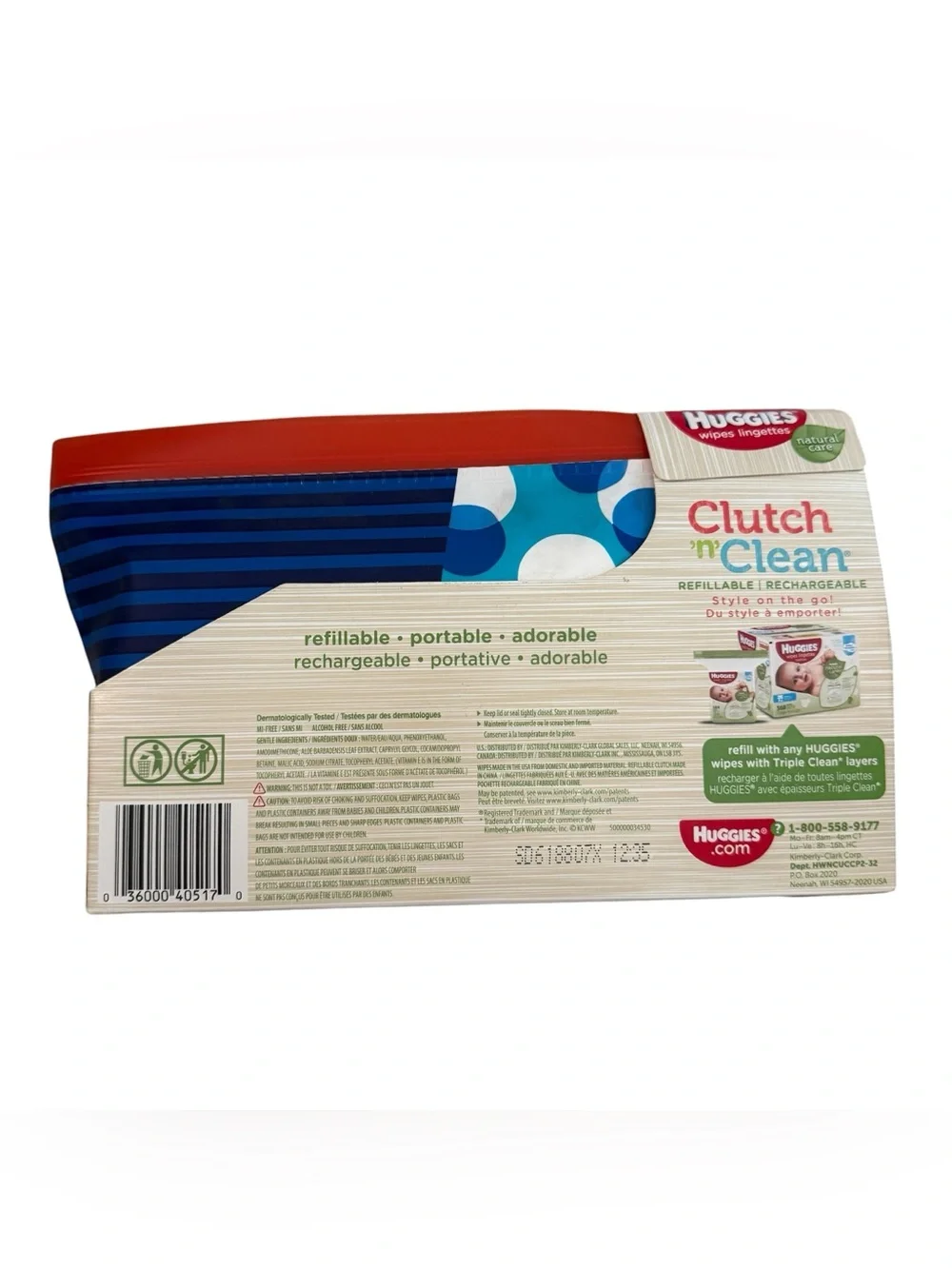 Huggies Clutch 'n Clean Refillable Wipes Holder Blue Polka Dots & Stripes